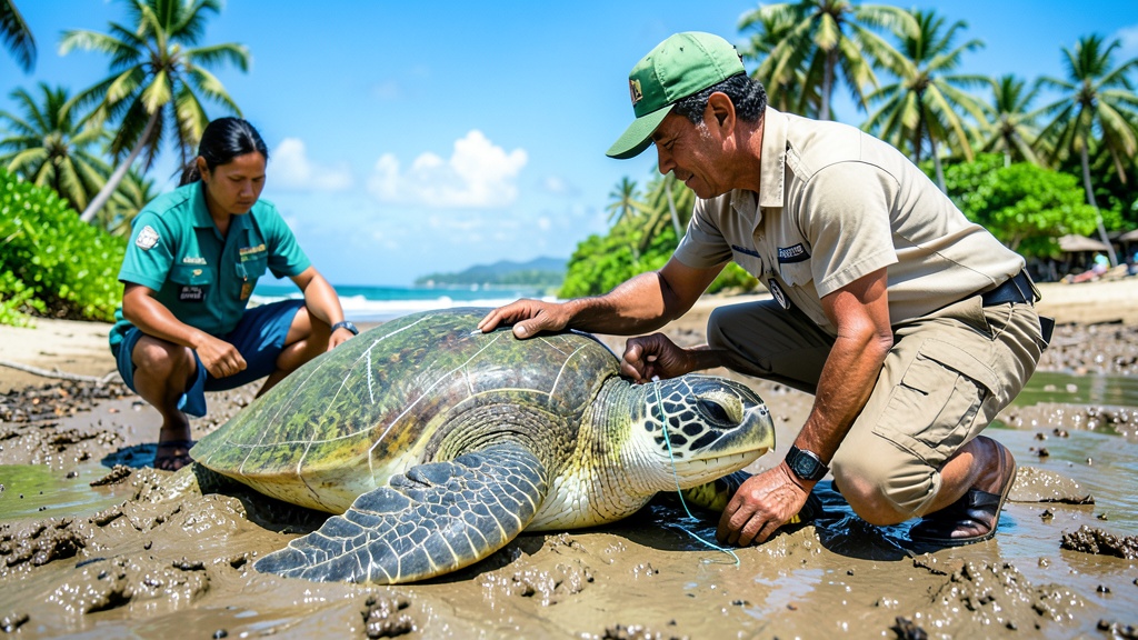 Marcan tortuga carey en manglares de Isla Puná para proteger especie crítica